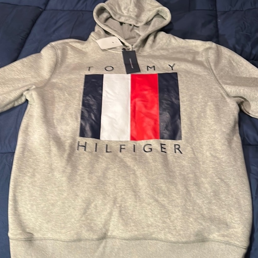 NWT-Tommy Hilfiger Gray Hoodie with Red, White, and Blue Logo- Large